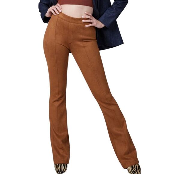 SPANX Faux Suede Pants M Flare Leg Pull On Stretch Camel Color Bohemian Hippie. - Picture 9 of 16